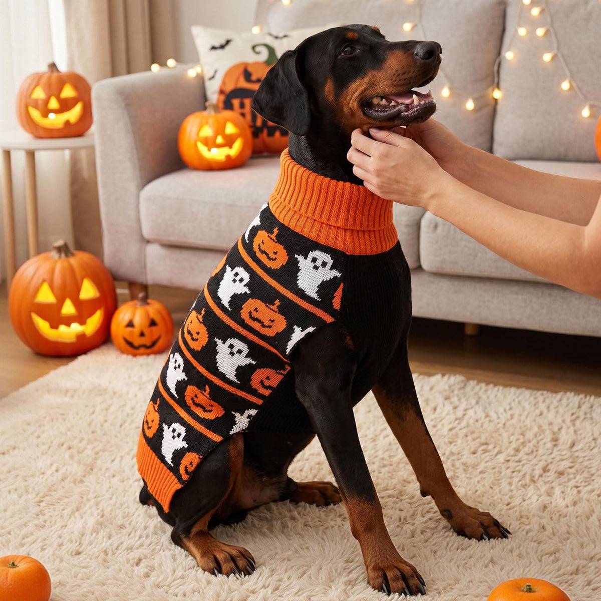 Dog Halloween Sweater for Large Dogs Knit Pet Outfit with Pumpkin (3XL (60-80lbs) / 01#Halloween pumpkin)