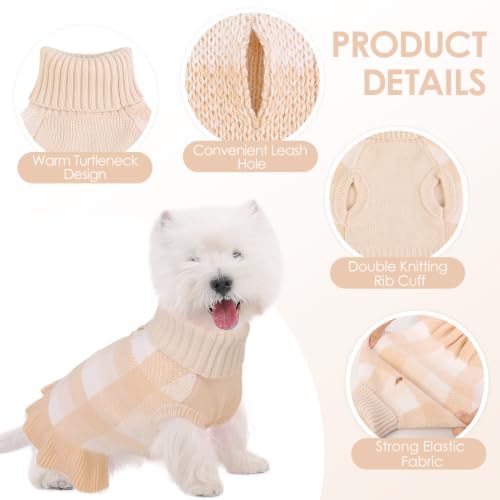 Dog Sweater Dress Plaid Knitwear for Medium Dogs Girl Christmas Clothes (Beige / Medium)