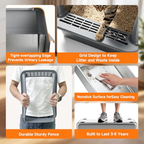 Stainless Steel High Sided Cat Litter Box with Scoop M (DeepGrey M)