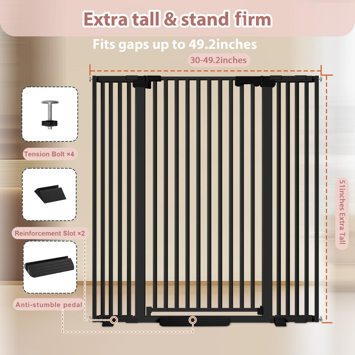 51'' Extra Tall Cat Gate Barrier for Doorways Hallways (Black-51"tall / 30''-49.2''Wide)