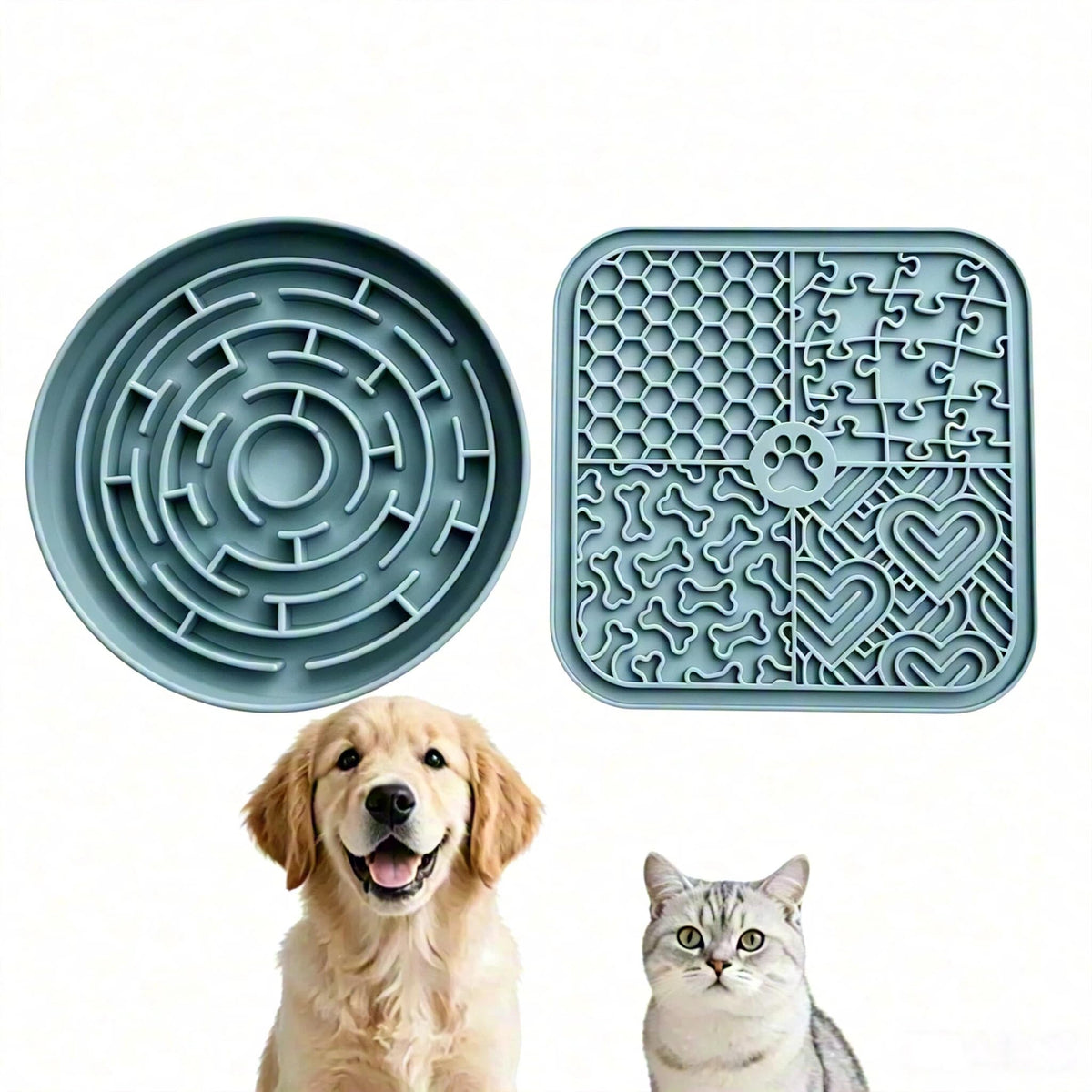 Dog Cat Lick Mat and Slow Feeder Bowl Set (Blue)