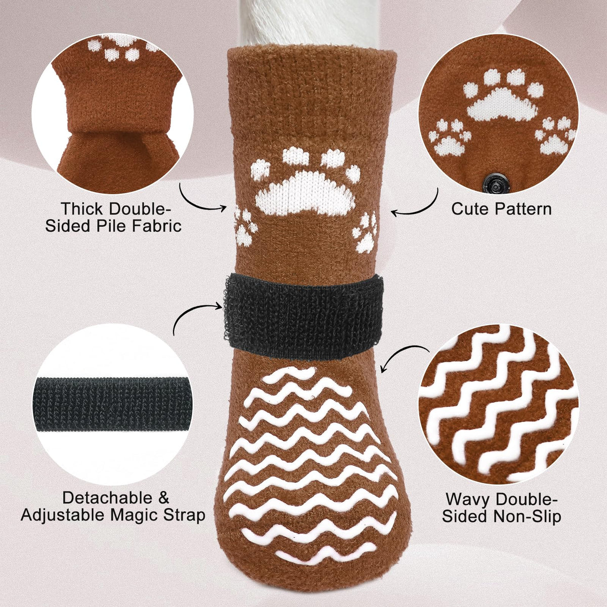 Anti Slip Dog Socks to Prevent Licking Paws for Hot Pavement (Thick Brown / Large)