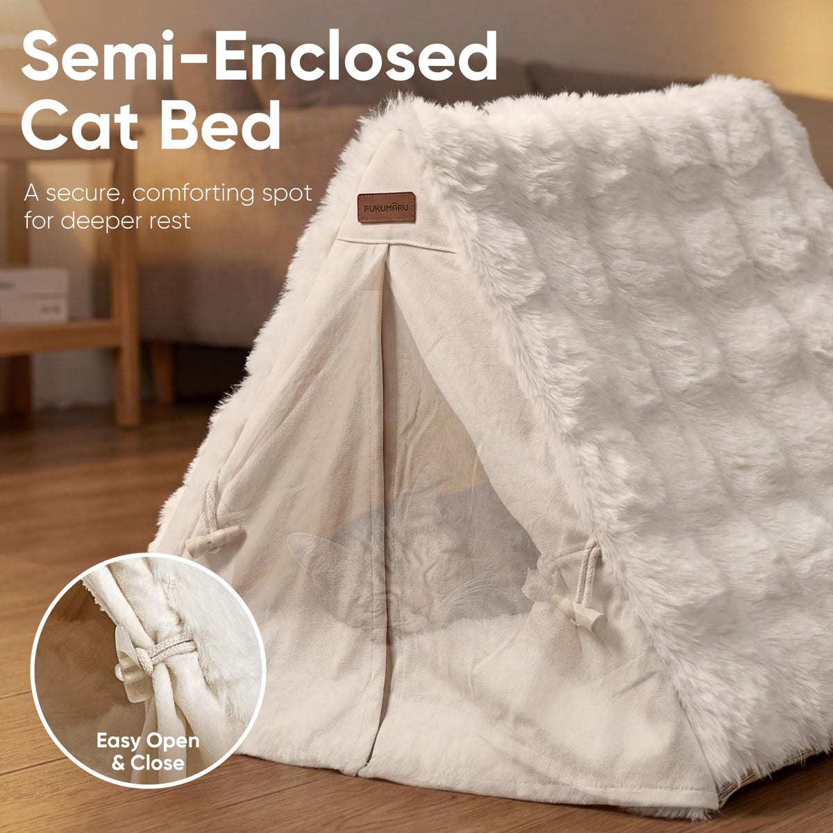 Cat Cave Bed Sturdy Frame Washable Cat Tent Bed with Curtain (Cream / 20"L x 20"W x 17"Th)