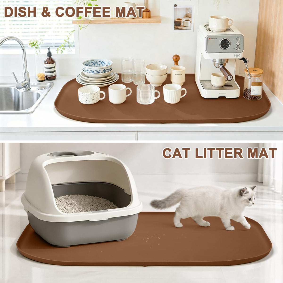 Waterproof Silicone Pet Food Mat with Raised Edge for Dog & Cat (Brown / 36"L x 24"W)