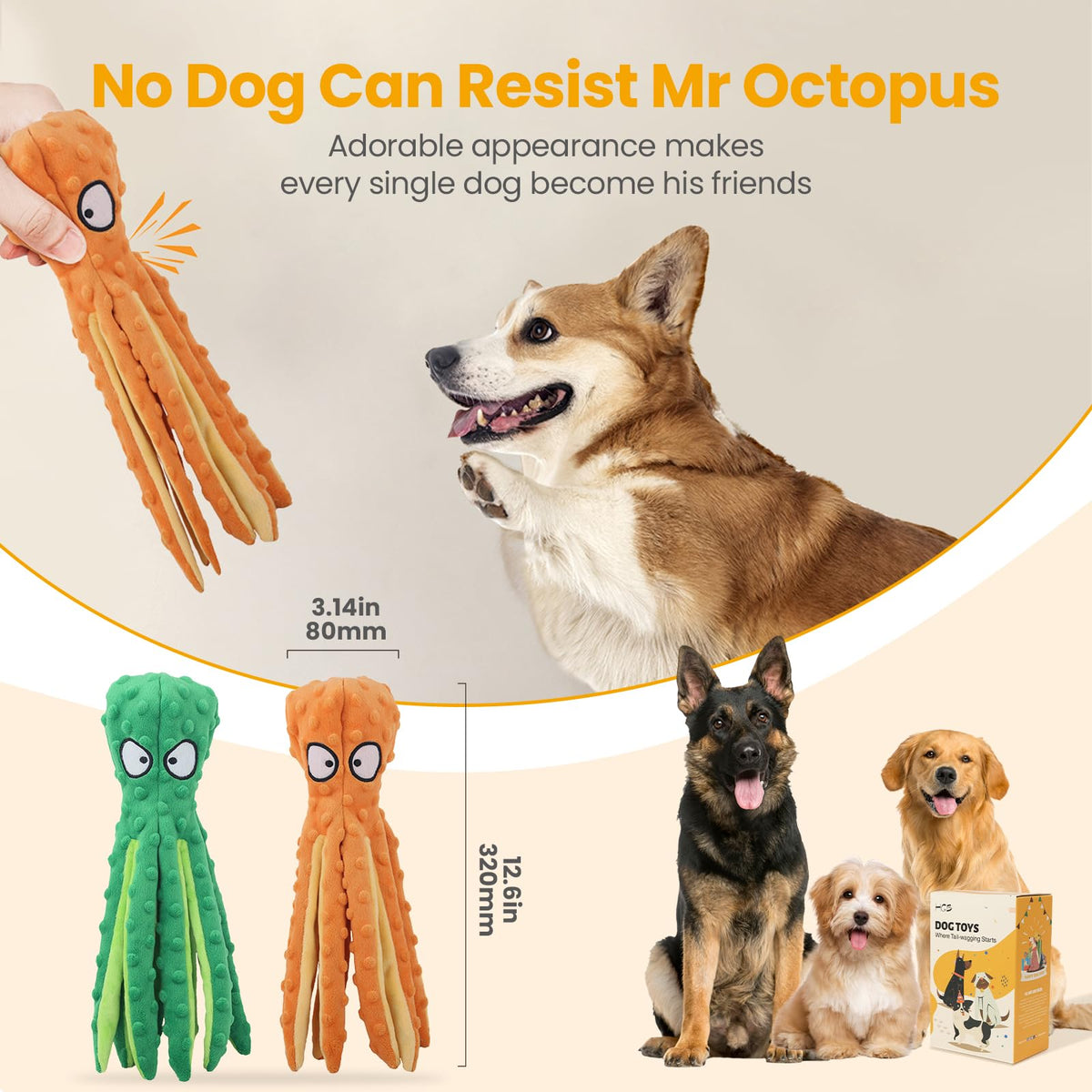 Squeaky Dog Toys No Stuffing Octopus Crinkle for Large Medium Small Dog (Octopus Yellow & Green)