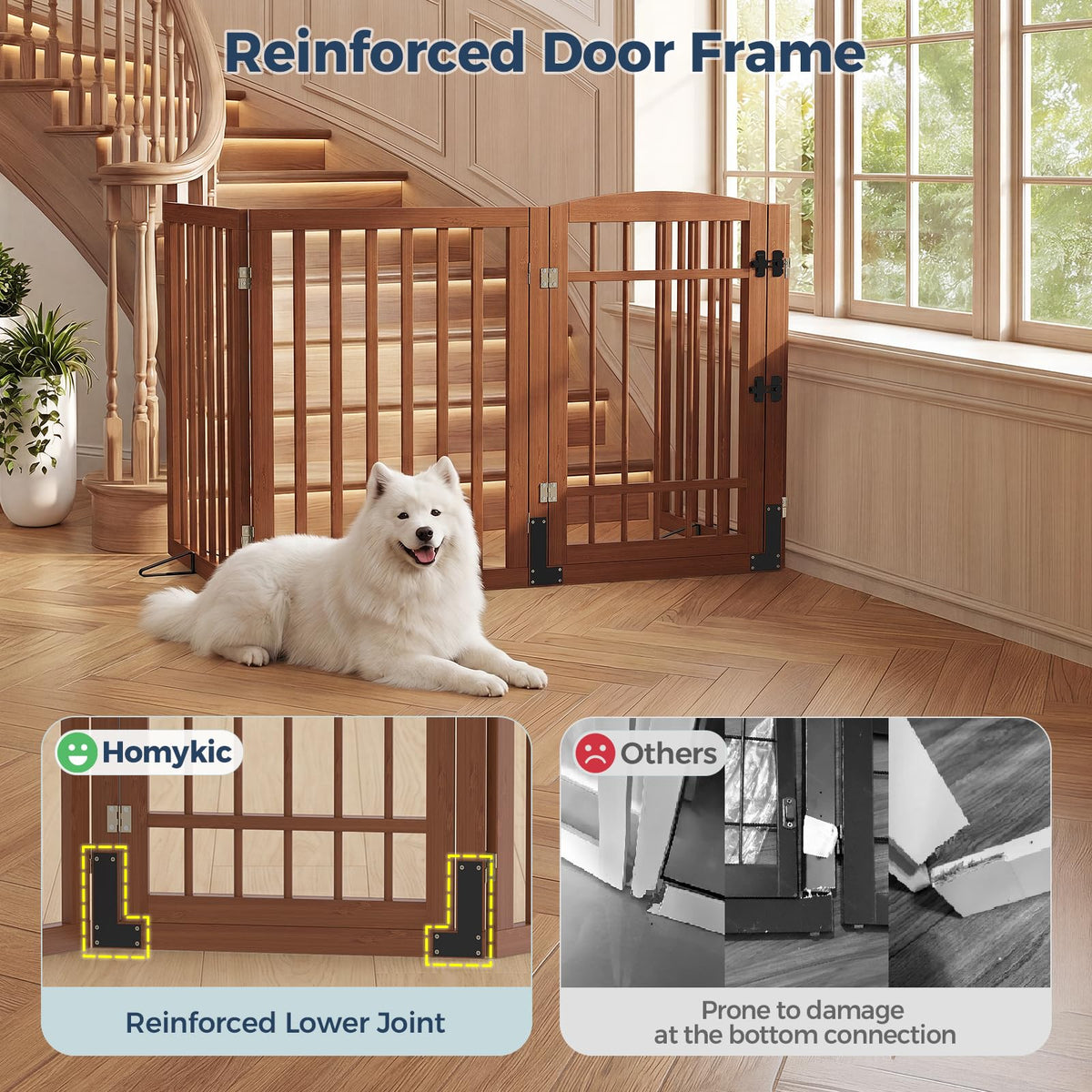 Dog Gate Indoor with Door (Walnut / 88"Wx30"H, 4-Panel)