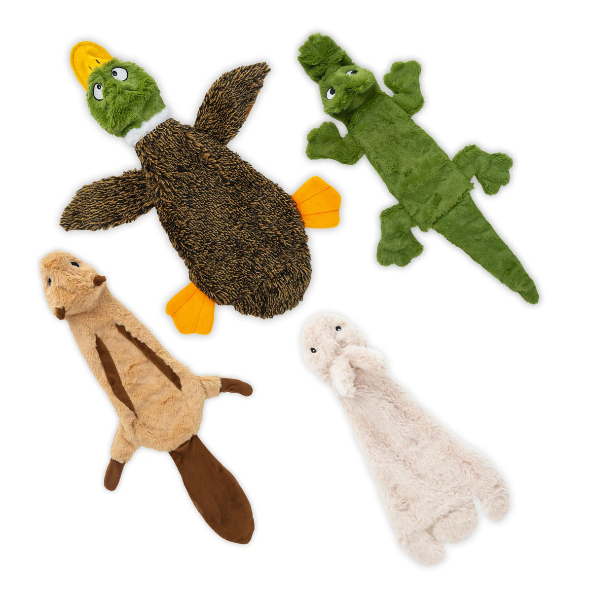 2-in-1 Stuffless Squeaky Dog Toy - 4 Figures, Medium (Wild Duck, Hare, Squirrel & Alligator / Medium)
