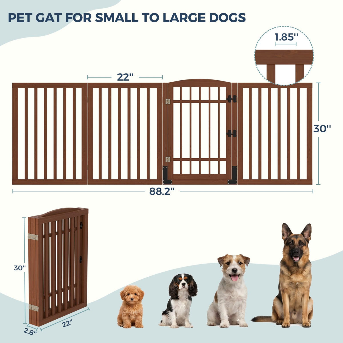 Dog Gate Indoor with Door (Walnut / 88"Wx30"H, 4-Panel)