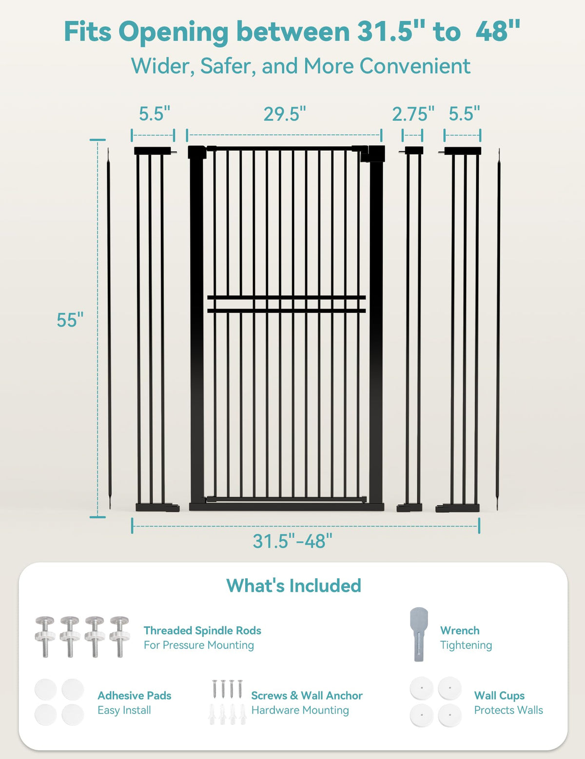 55" Extra Tall Pet Gate (Black - S10 / 55" Tall, 31.5-48" Wide)