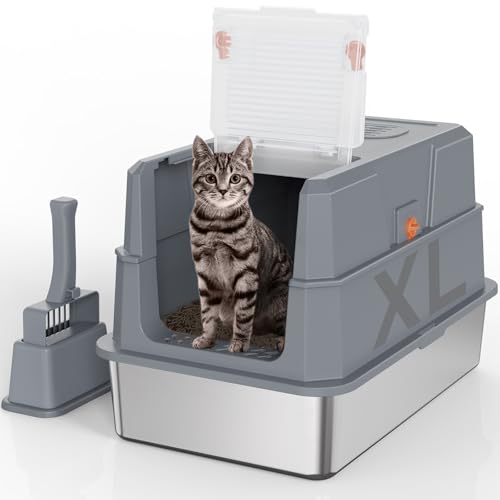 XL Stainless Steel Cat Litter Box with 180°Flip‑Top Lid (Dark Gray)