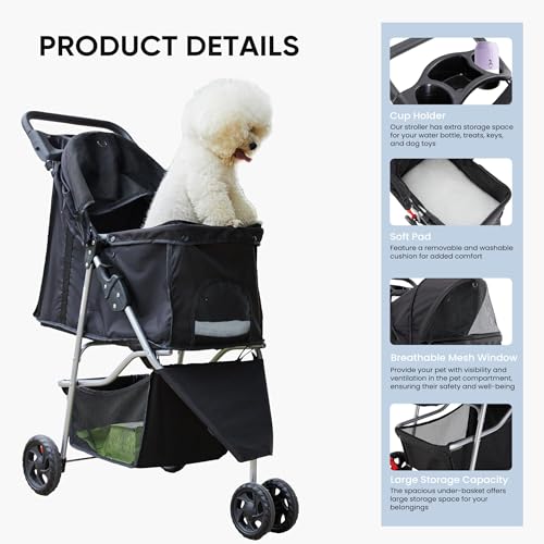 3 Wheel Pet Stroller for Dogs and Cats (Matte Black / 29.1" x 17.7" x 39.4")