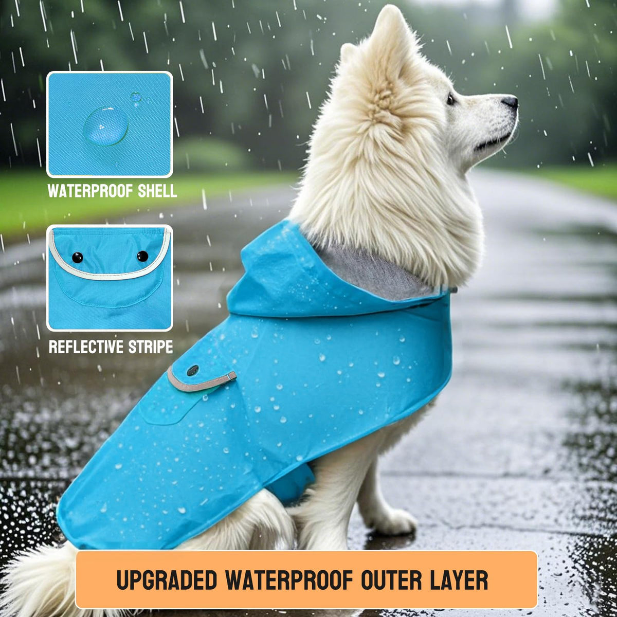 Dog Raincoat Dogs Rain Jacket Reflective Poncho Rainwear Waterproof Pet Clothes Double Layered Pocket Hooded Leash Hole Adjustable Medium Dogs (Blue / XXXL:Back Length 20.0")