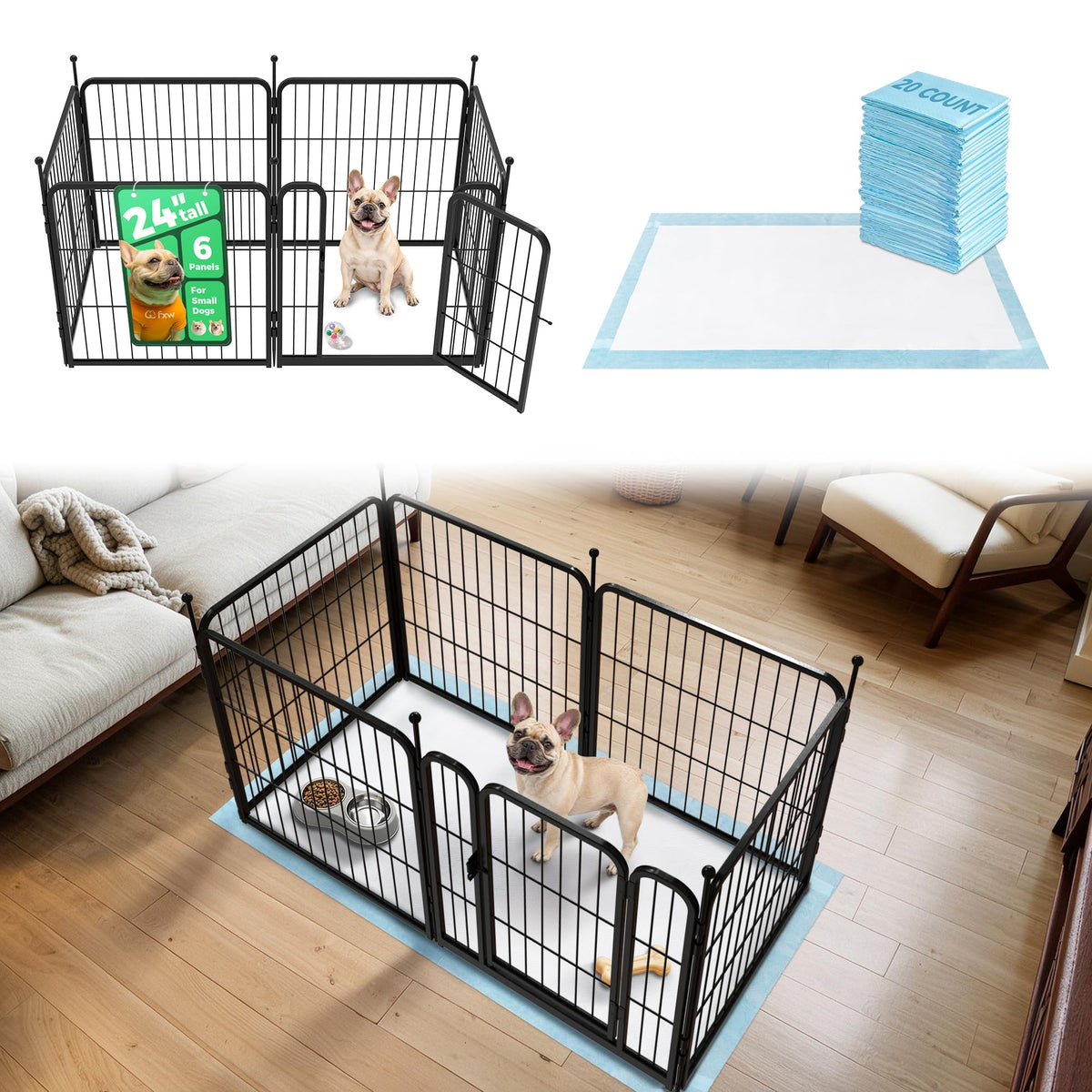 Rollick Dog Playpen with Disposable Pee Pads (Black / 24"H)