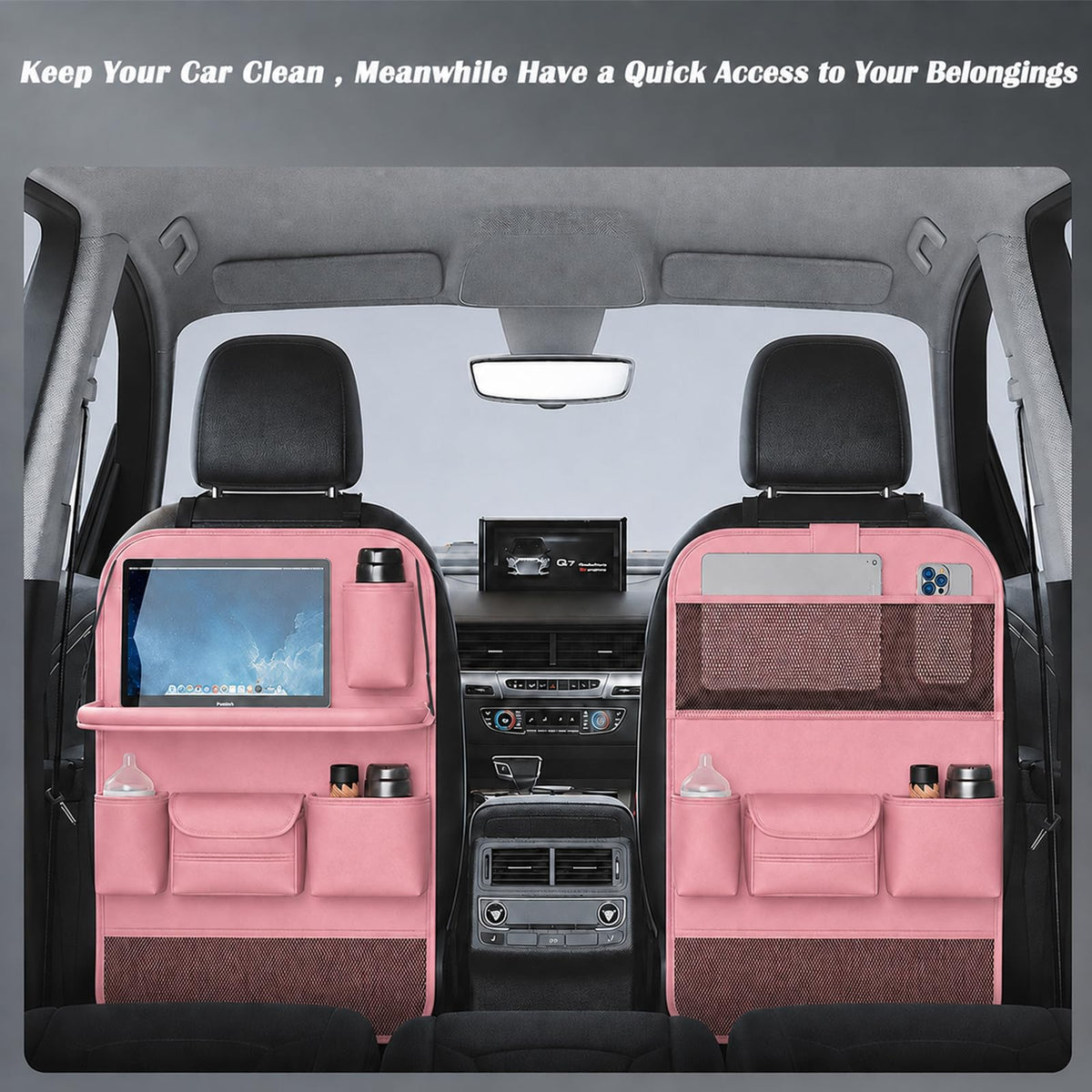 2 Pack Leather Car Backseat Organizer with Foldable Table Tray (Pink)