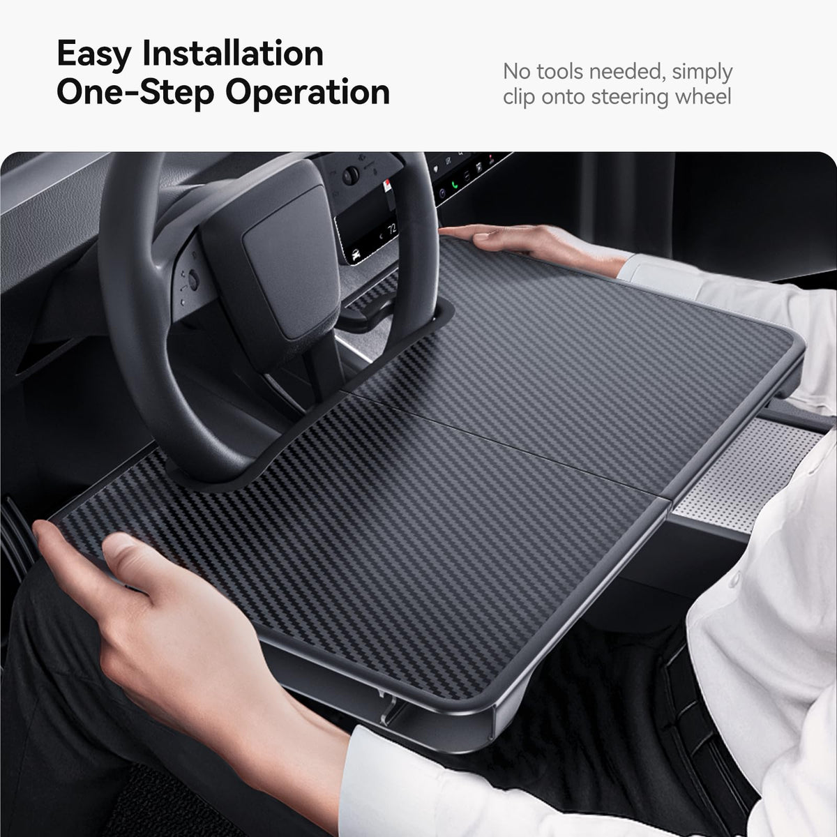 2-in-1 Car Steering Wheel Desk Tray & Car Seat Gap Filler Organizer – Foldable Carbon Fiber Look Table for Laptop, Eating Food, Writing – for Standard Round Steering Wheels (Black)