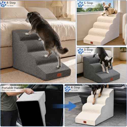 3 Step Curved Dog Stairs 15.7" H for Small Dogs Low Couch & Sofa (Cream Beige / 15.7x22.4x15.7in)