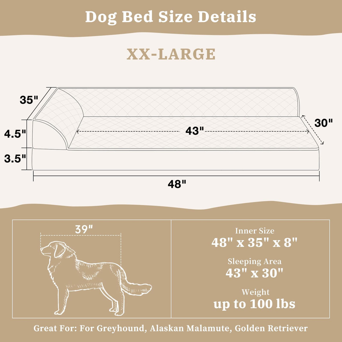 Orthopedic Jumbo Dog Bed with Bolsters (48"L x 35"W x 8"Th / Grey)