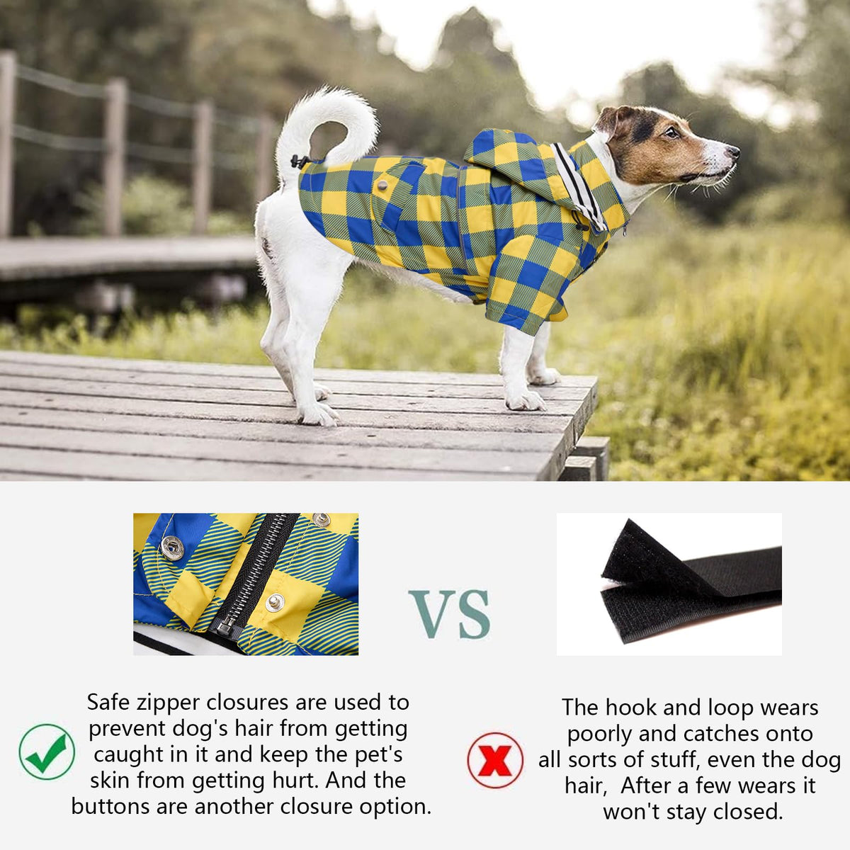 Dog rain Coat Waterproof Raincoat Puppy Jacket with Legs Buttons Zipper Hood Drawstring Fit for Yorkie Terrier Schnauzer Poodle Border Collie Labrador Golden Retriever 8lbs to 80lbs Yellow S (Small / Yellow Plaid)