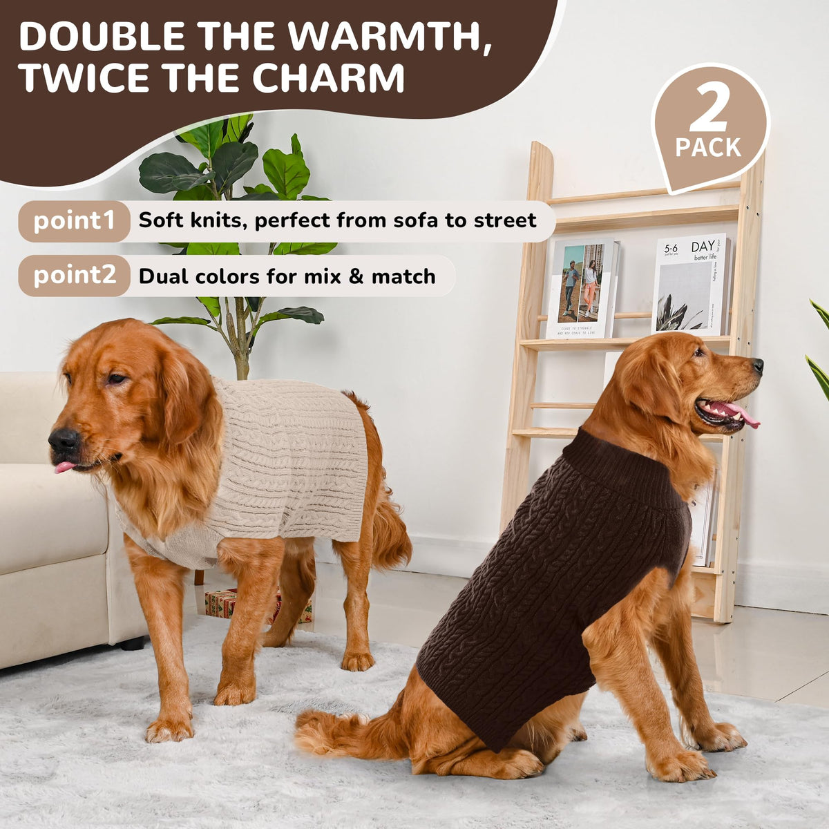 Dog Sweater 2 Pack for Large Dogs (Oatmeal & Brown / XX-Large)