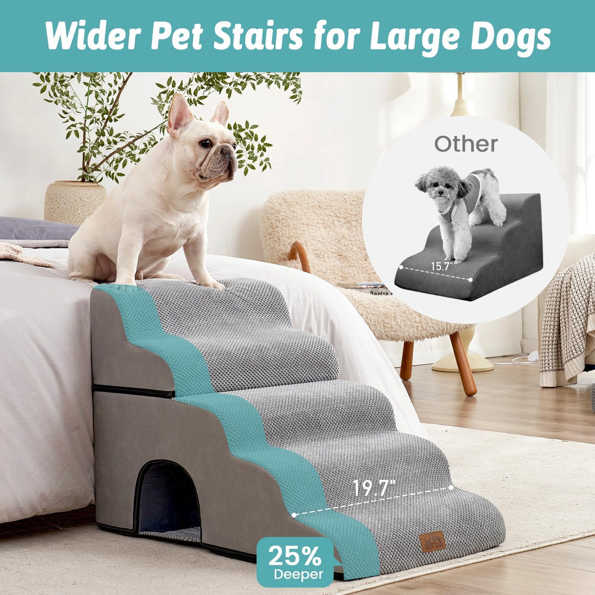 Extra Wide Small Dog Stairs with Tunnel (Grey / Detachable 19.7" x 33" x 22.4")