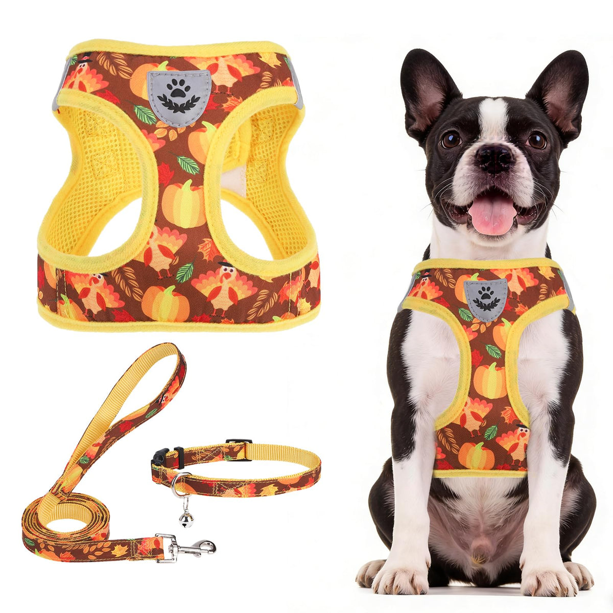 Dog Harness Collar and Leash Set No Pull for Small Medium Sized (Brown&Yellow (Fall) / L (CHEST 18"-20"))