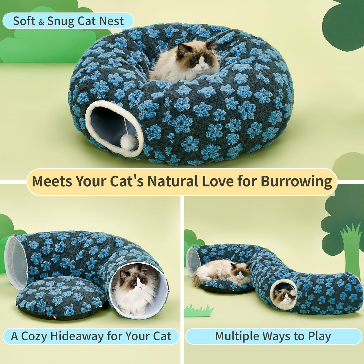 Cat Tunnel Bed with Soft Cushion for Indoor Cats and Kittens