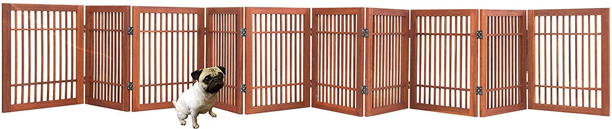 Freestanding Wooden Dog Gate Foldable Indoor Pet Gate No Drill Expandable Barrier for Doorways Stairs Hallway Portable Wood Fence for Small Dogs & Puppies (10 Panel 24" Tall / Brown Pet Gate)