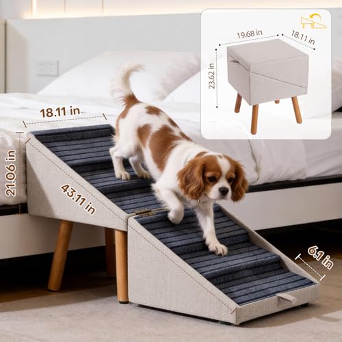 Dog Stairs for Small Dogs Foldable Dog Steps for High Bed (Light Beige / XXL(21.06”H))