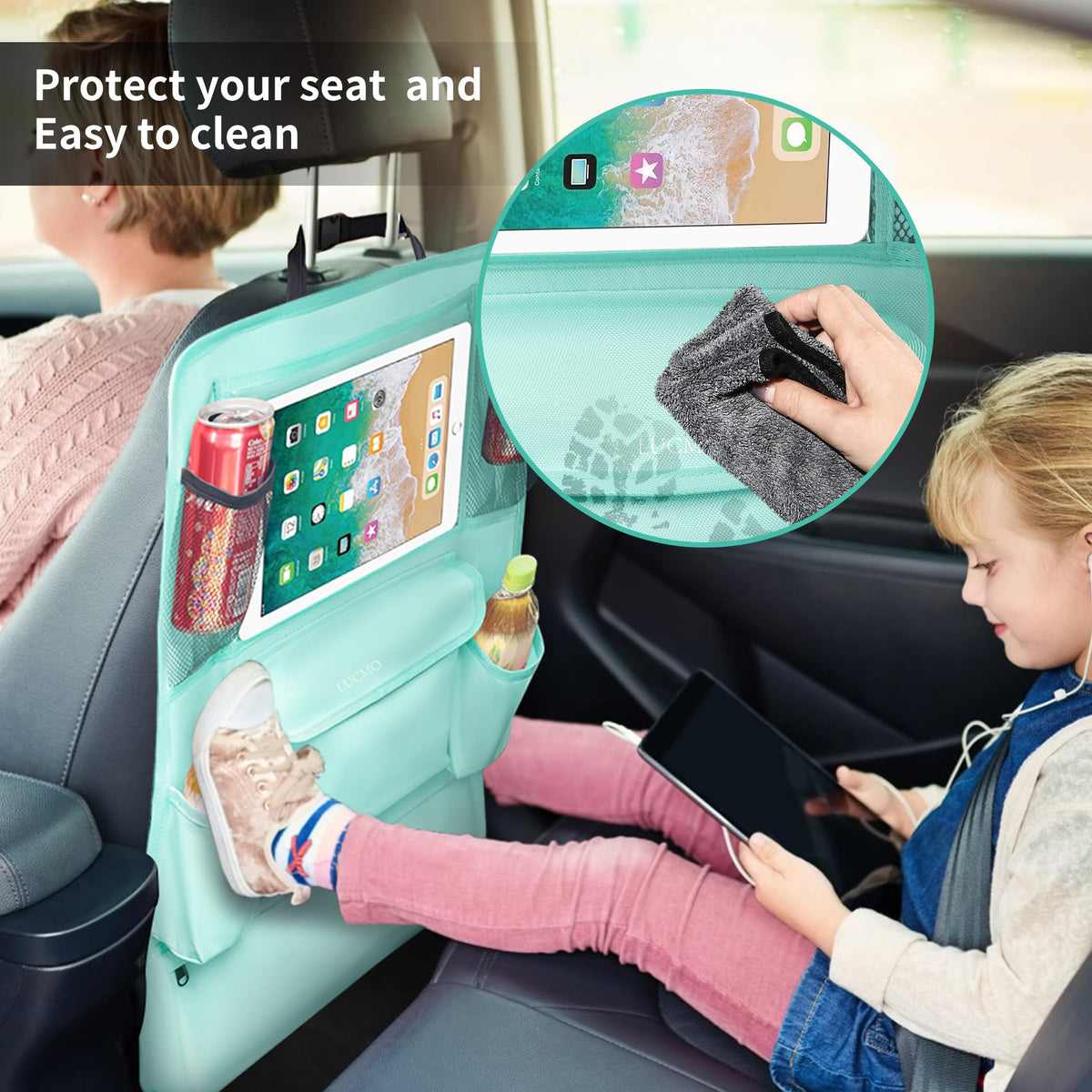 Car Backseat Organizer with Touch Screen Tablet Holder (Light Blue / 1 Pack)