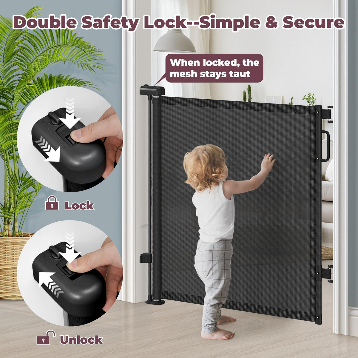 42" Extra Tall Retractable Baby Gates (Black / 42" Tall x 76" Wide)