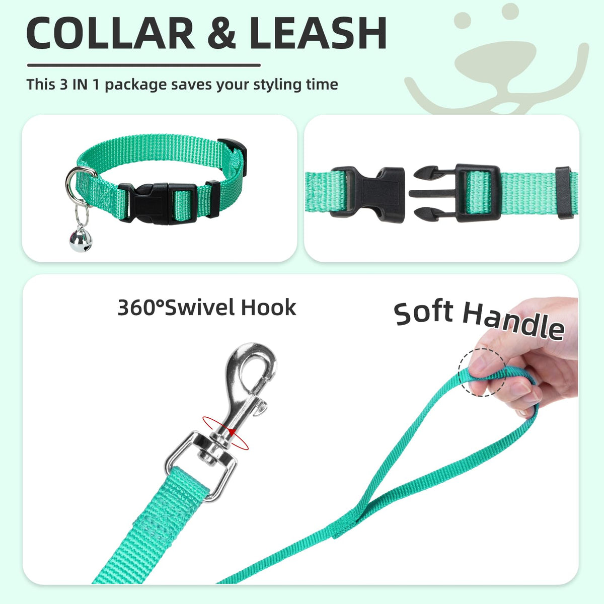 Dog Harness Collar and Leash Set No Pull for Small Medium Sized (Solid Green / S (CHEST 14.5"-16"))