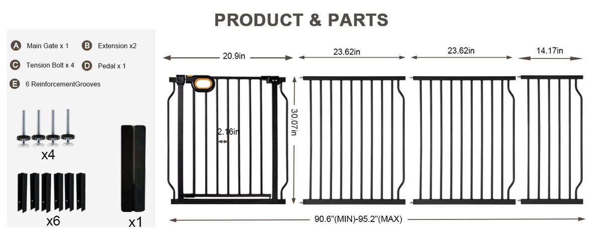 90.6 95.2 Inch Extra Wide Baby Gate for Stairs Doorways (Black / 90.6-95.2inch)