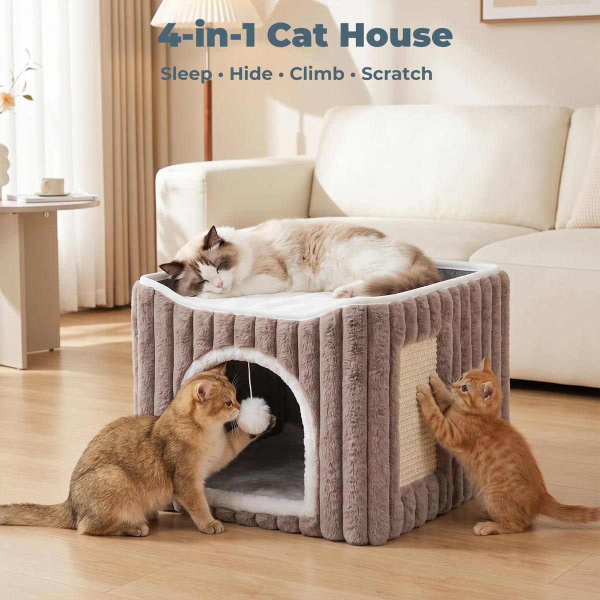 3-in-1 Cat Cave Bed for Indoor Cats with Scratch Pad (Lightbrown)