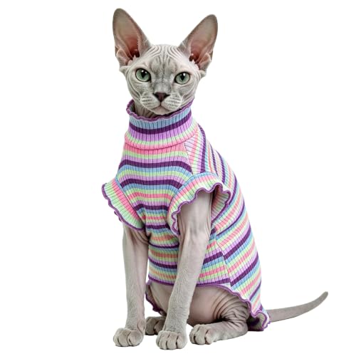 Colorful Stripe Sphynx Cat Clothes Hairless Cat Sweaters (Purple Striped / Medium)