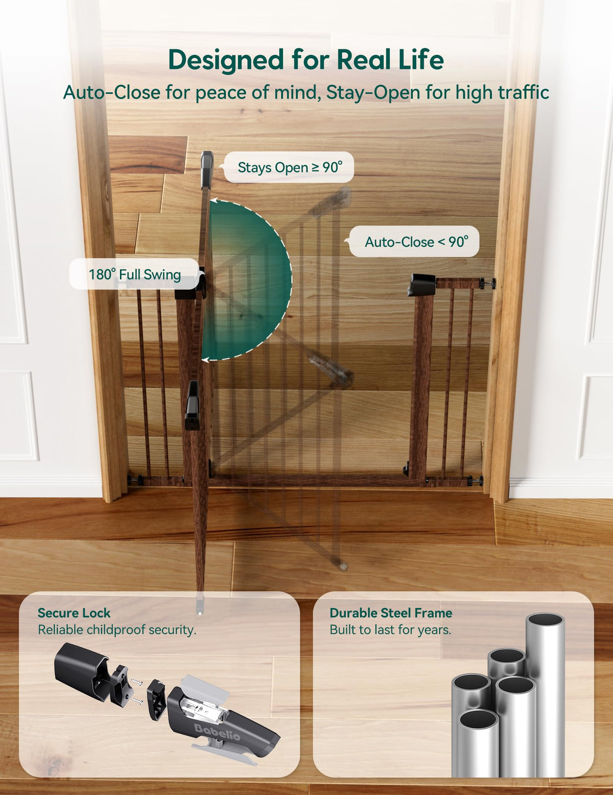 26 40 in Pressure Mounted Baby Gate for Stairs (Black Wood Pattern / 30"Tall 26"-40" Wide)