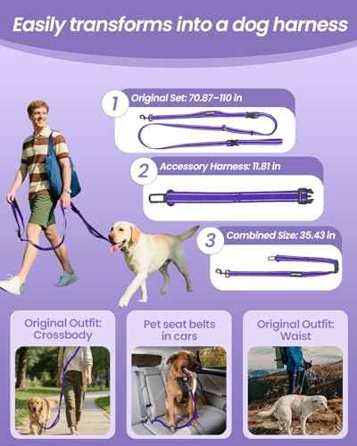 Hands Free Dog Leash with Seatbelt Set (Purple (Detachable) / 71-110‘’)