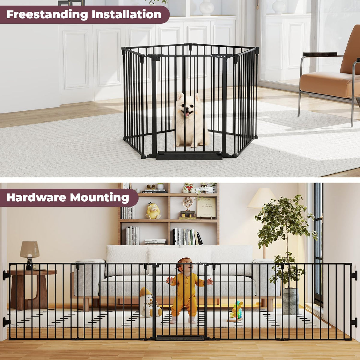 127.5" Wide Configurable Baby Gate for Fireplace Christmas Tree (Black / 127.5" Wide)