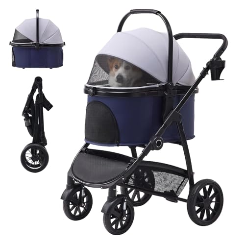 3-in-1 Dog Stroller for Small and Medium-Sized Dogs up to 55 lbs (BlueGray)