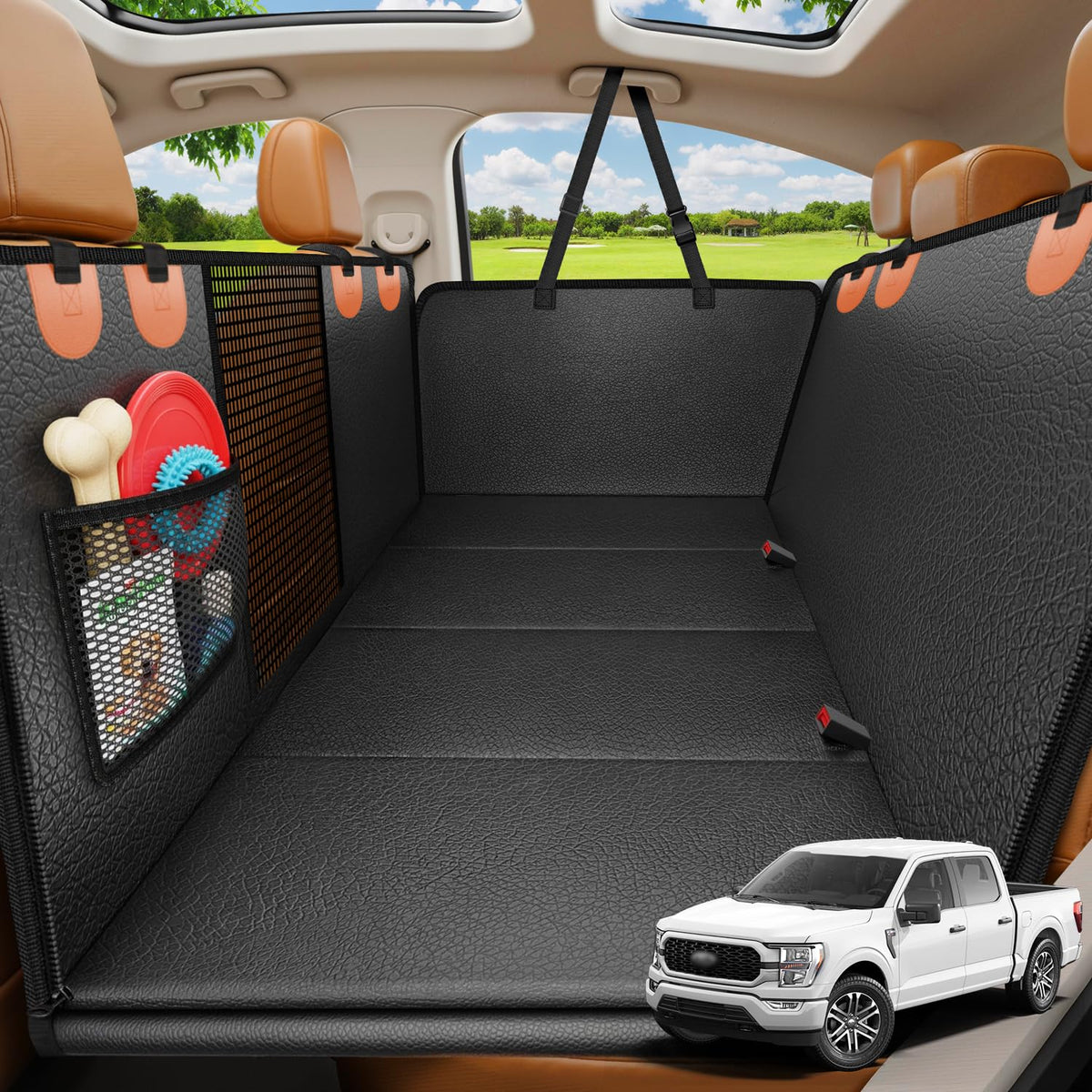 PU Leather Hard Bottom Dog Seat Cover for Full (Black - Orange / XL - for Full Size Crew Cab Trucks)
