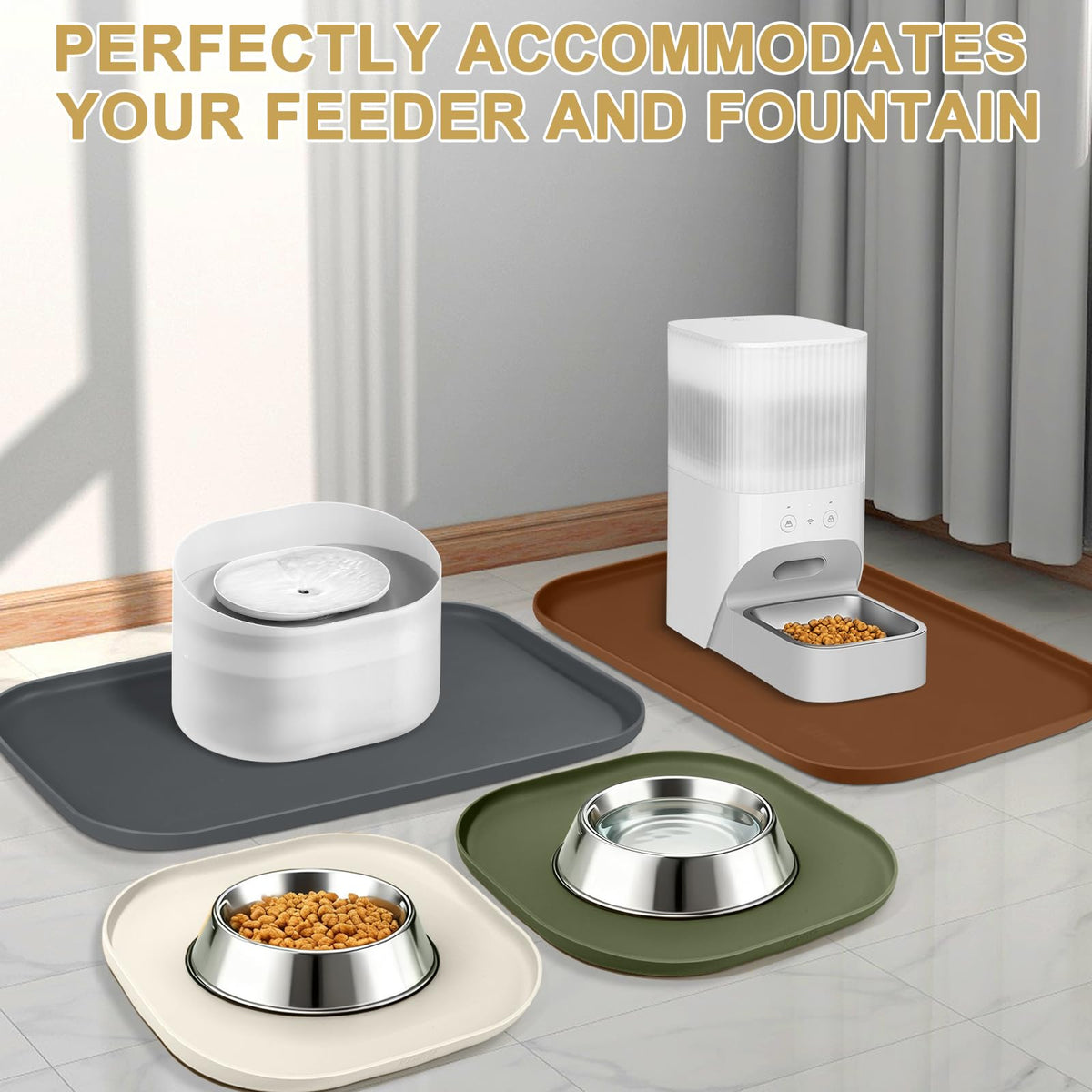 Waterproof Silicone Pet Food Mat with Raised Edge for Dog & Cat (12"L x 12"W / Brown)