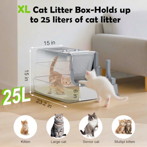 XL Stainless Steel Cat Litter Box with 180°Flip‑Top Lid (Dark Gray)