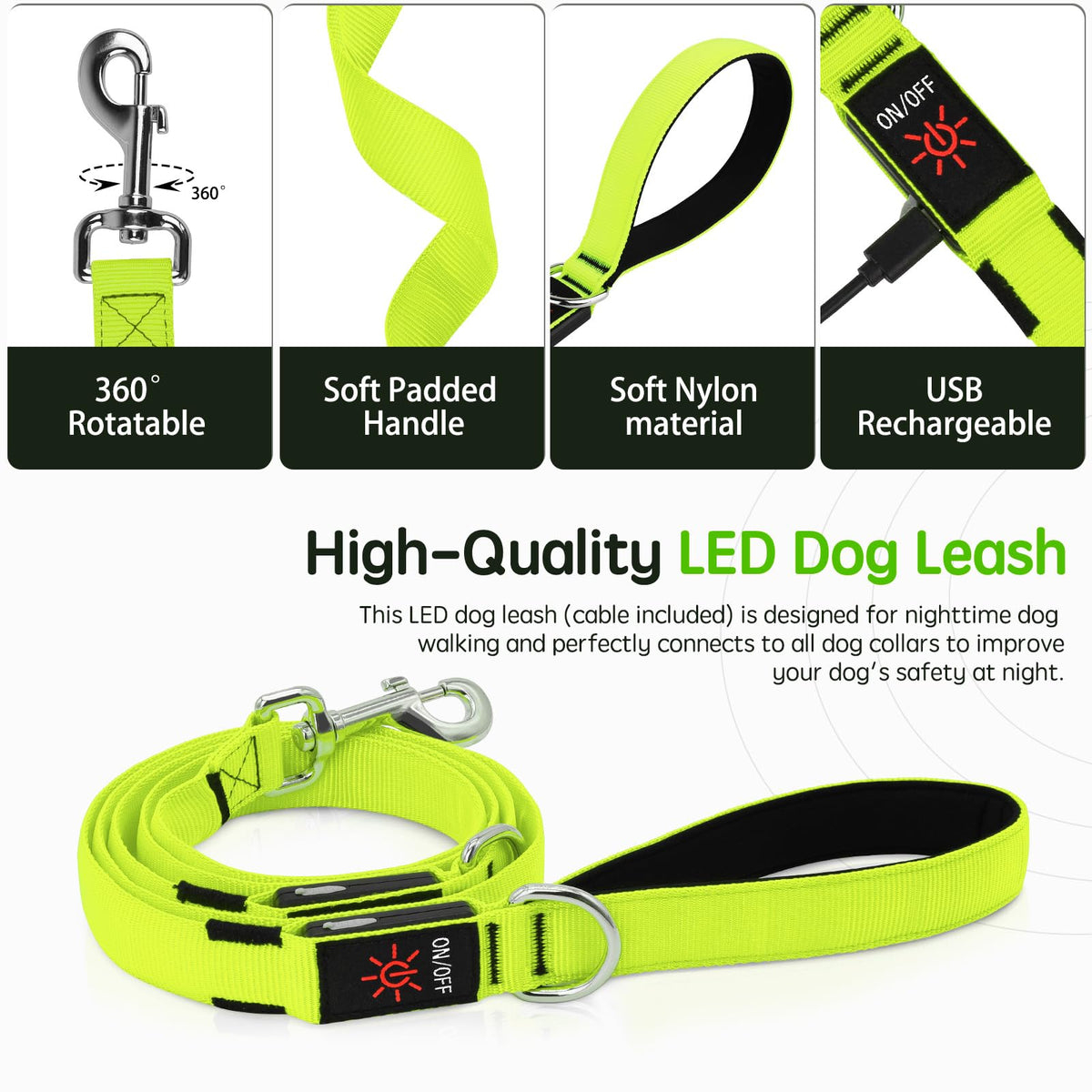 LED Light Up Dog Leash (Green / 6 Ft)