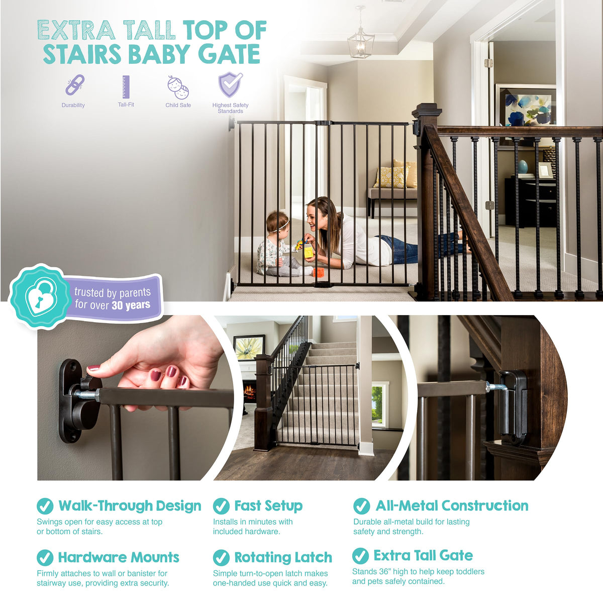 Safety 36" Extra Tall Baby Gate for Top of Stairs & Dooways (Black / 24-40.5"W x 36"H)