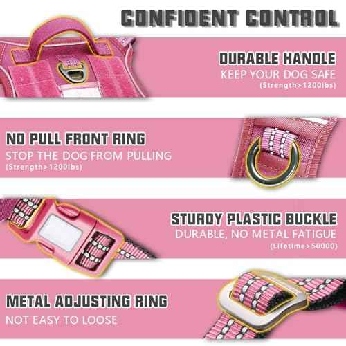 Tactical Dog Harness for Large Dogs (Rose Red / XL(Neck:20-31",Chest:26-42"),75-135 lbs)
