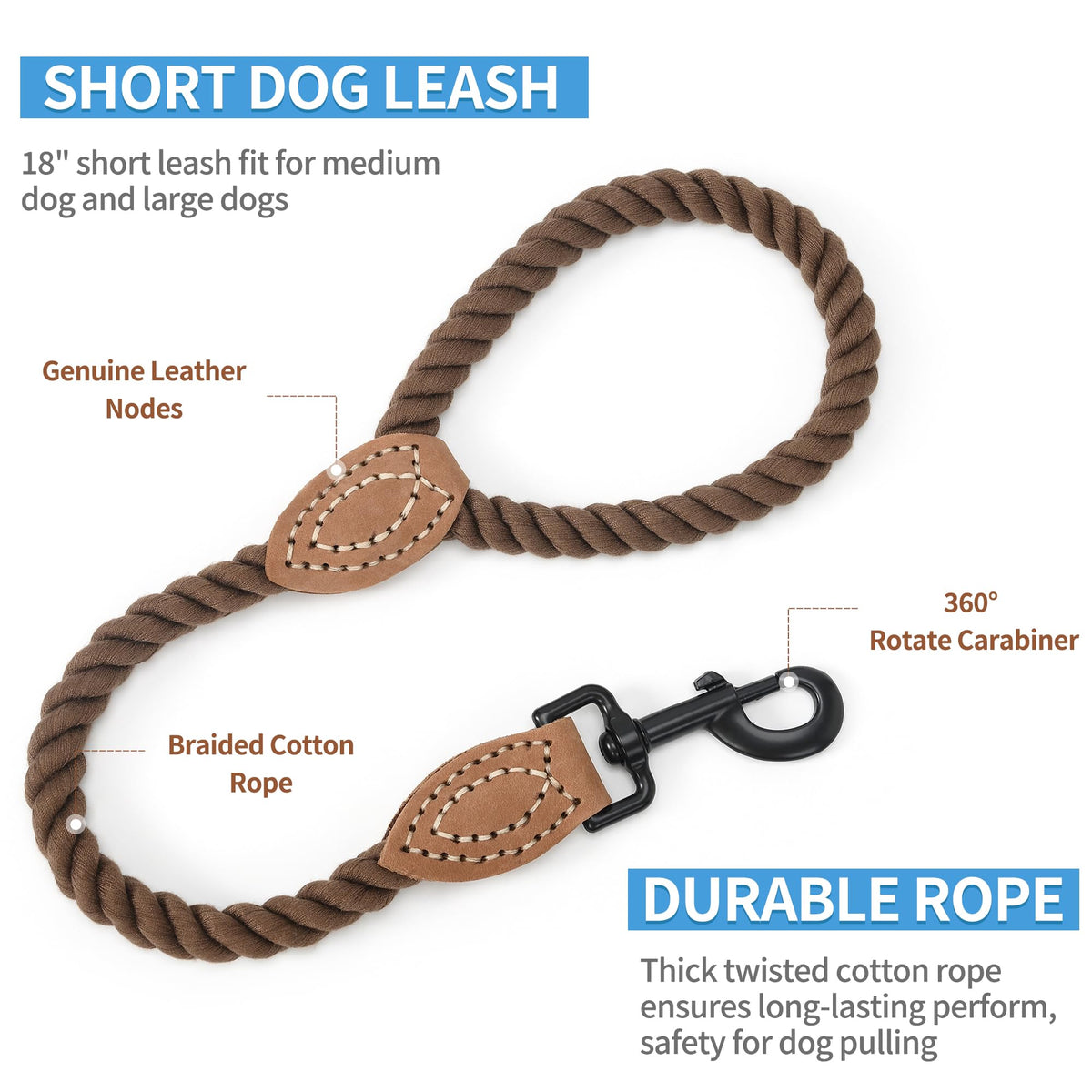 Dog Leash Braided Cotton Rope with Leather (Dark Brown / 18 Inch-1/2")
