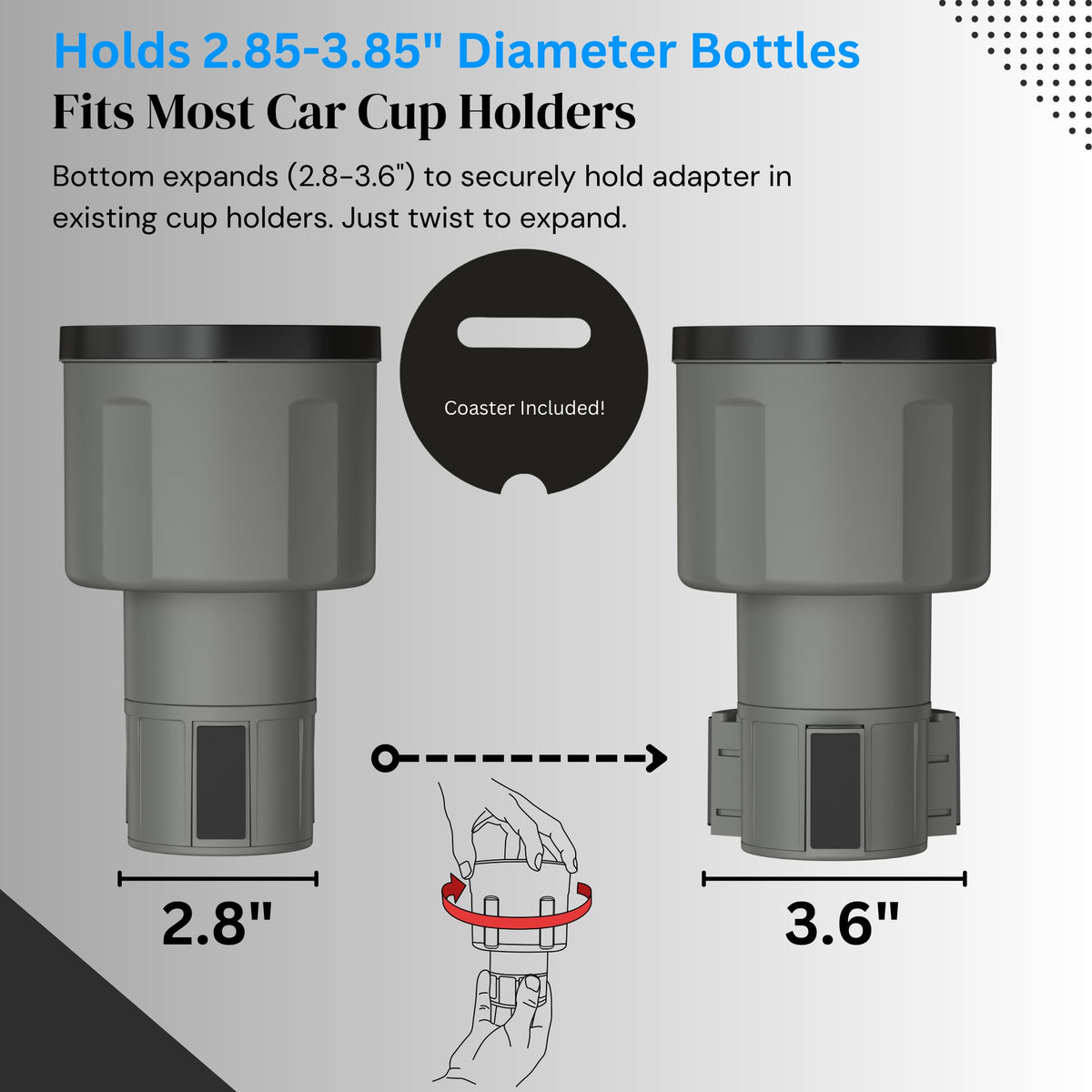 Car Cup Holder Expander (Holds 18-40 oz (Standard Base) / Gray)