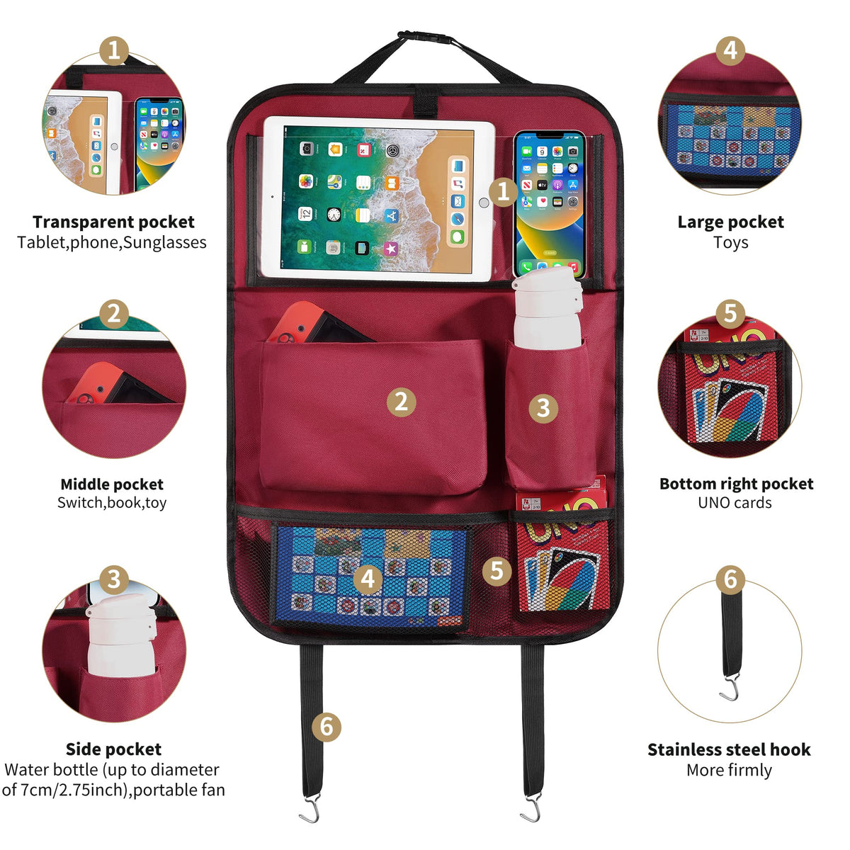 Car Backseat Organizer with Foldable Tablet Holder (Red / 1 Pack with Food Tray)