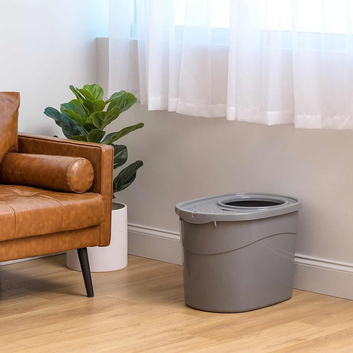 Large Cat Litter Box with High Sides (Grey / Top Entry)