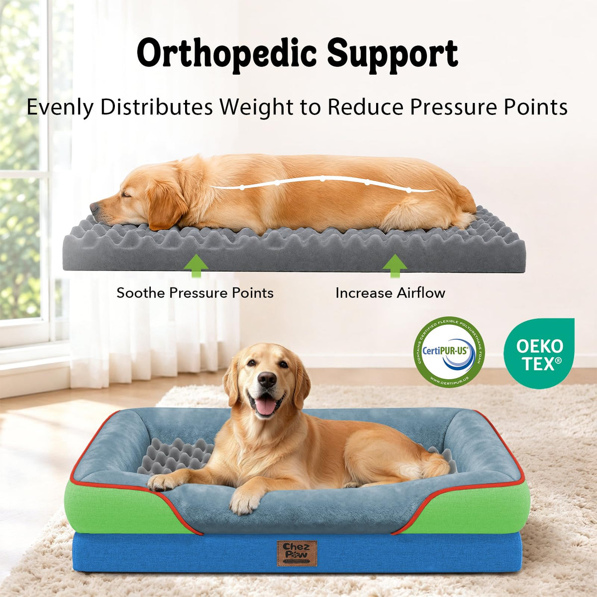Orthopedic Washable XXL Dog Bed for Extra Large Dogs (Blue Lime / 45"L x 35"W x 7.5"Th)