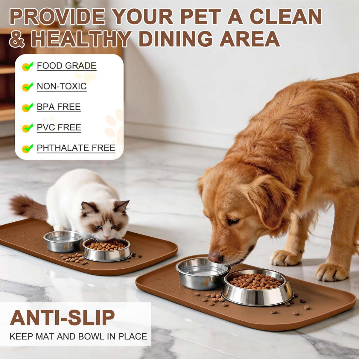 Waterproof Silicone Pet Food Mat with Raised Edge for Dog & Cat (19"L x 12"W / Brown)